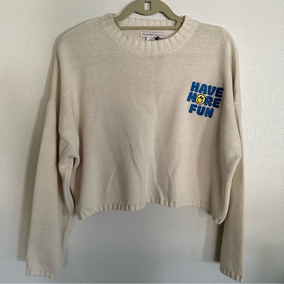 NWT Sincerely Jules Cream Crop Sweater with “Have More Fun” Graphic Size S - Picture 1 of 4